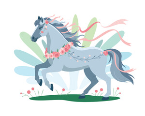 Fototapeta premium A magical fairytale horse with a floral wreath and pink ribbons, flat vector illustration