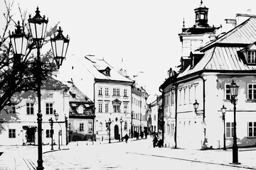 Obraz premium Historic architecture in an old town with buildings and street lamps creates a vintage landscape. View historic architecture in an old town that displays charm and character.