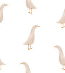 Hand Drawn Seamless Vector Pattern With Sweet Little Geese. Wallpaper With Lovely Geese Isolated On a White Background. Drawing Of Funny Birds. Gender Neutral Baby Shower Pattern With Farm Animals.