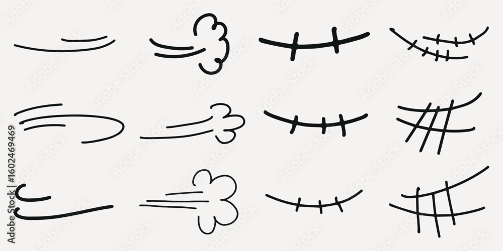 Poster set of hand-drawn cartoon motion lines and facial expressions. includes various lines and curves. id