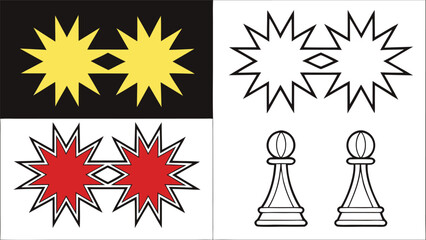 Fototapeta premium Yellow red starbursts and chess pawns graphic elements