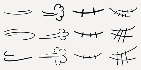 Set of hand-drawn cartoon motion lines and facial expressions. Includes various lines and curves. Ideal for comic art and animation. Cartoon lines and expressions. Black hand drawn elements, vectors.