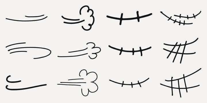 Set of hand-drawn cartoon motion lines and facial expressions. Includes various lines and curves. Ideal for comic art and animation. Cartoon lines and expressions. Black hand drawn elements, vectors.