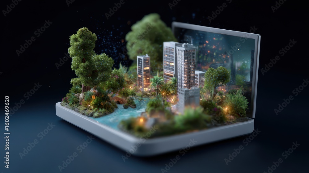 Poster futuristic smart tv displaying virtual cityscape with interactive resource management