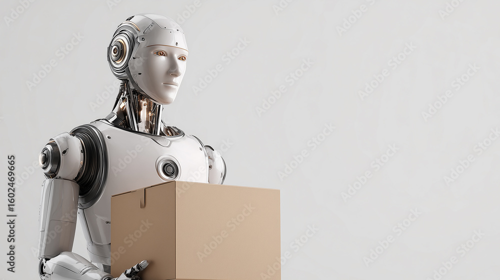 Poster this robotic prepares to deliver a package in an advanced automated environment.