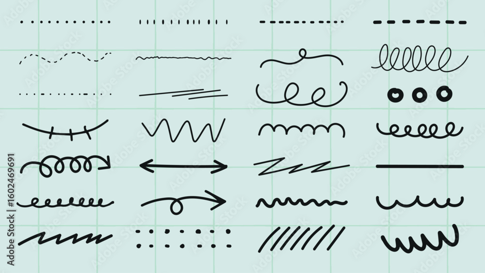 Poster a collection of hand-drawn lines and squiggles. various squiggles and lines in different styles. han