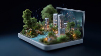 Futuristic smart tv displaying virtual cityscape with interactive resource management