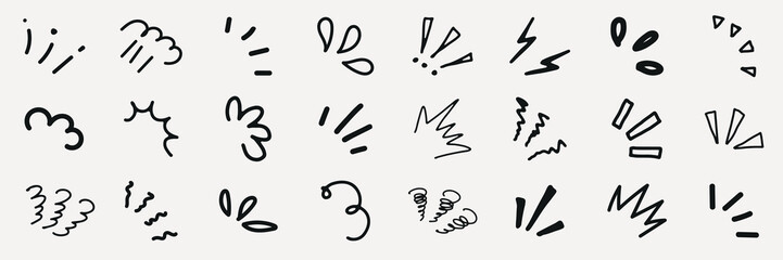 Fototapeta premium Collection of hand-drawn doodles and symbols. Includes various lines, shapes, and patterns. Doodles for creative design, sketching, and artistic projects. Black hand drawn elements, vector set.