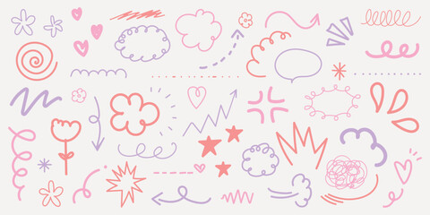 Colorful doodles in pink and purple. Swirls, clouds, arrows, and stars. Playful doodles, whimsical and fun. Pink and purple doodles for creative designs. Colorful doodle elements, vector set.