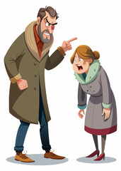 Angry man pointing finger at woman in heated argument. Conflict between coworkers during office disagreement, isolated on white background.

