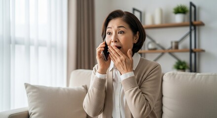 詐欺の電話に驚くシニア日本人女性