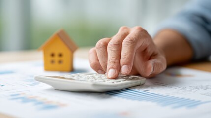 Accountant is calculating house expenses using calculator and charts with small wooden house model on table, concept of home finance, investment, real estate business, and property
