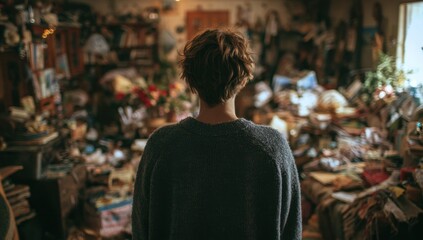 Naklejka premium A person stands overwhelmed in a cluttered room filled with personal belongings suggesting a feeling of anxiety and the challenges of hoarding.