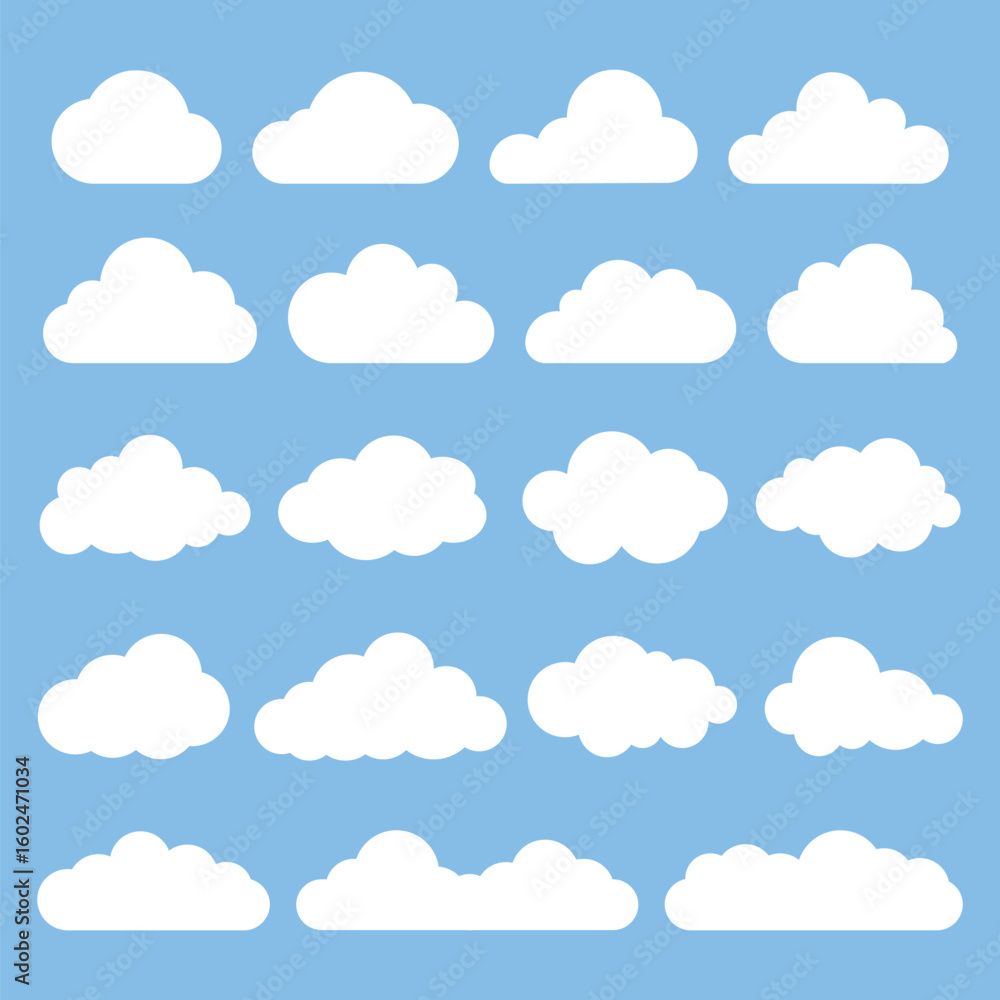 Poster set of white cloud icons on a blue background. cloud shapes vary in size and form. simple cloud desi