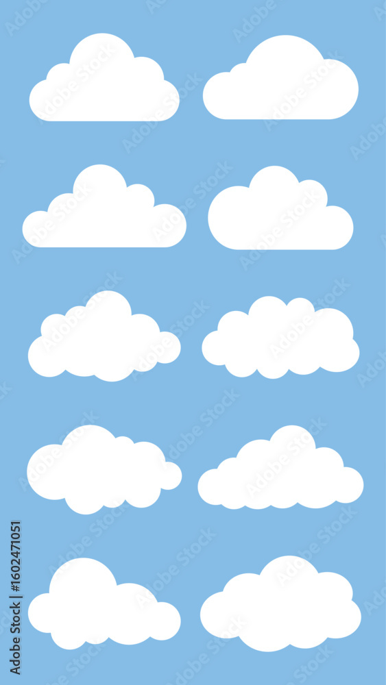 Poster set of white cloud icons on a blue background. cloud shapes vary in size and form. simple cloud desi