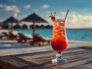 Red exotic cocktail in a glass stands on a beach table