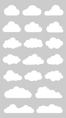 Set of 18 white cloud icons on a gray background. Cloud shapes vary in size and form. Perfect for weather apps, cloud graphics, and design projects. Weather illustration, vector set.