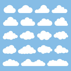 Set of white cloud icons on a blue background. Cloud shapes vary in size and form. Simple cloud design for weather or sky themes. Cloud icons in a grid layout. Weather illustration, vector set.