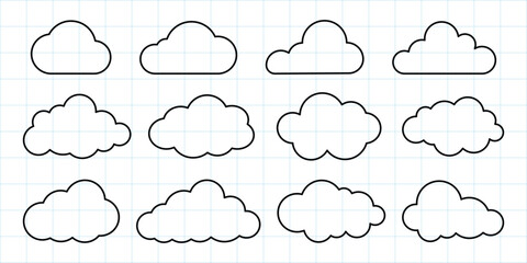 Grid with 12 cloud outlines. Simple cloud shapes, black outlines. Variety of cloud designs on a grid. Cloud patterns, minimalist cloud art. Weather illustration, vector set.