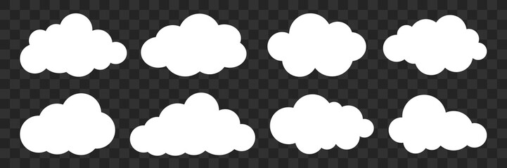 Set of eight white cloud icons on a transparent background. Cloud shapes vary, ideal for weather apps, graphics, or designs. Cloud icons for digital use. Weather illustration, vector set.