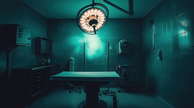 Eerie Surgical Room: Dramatic Lighting, Empty Table, Teal Tones, Medical Setting.