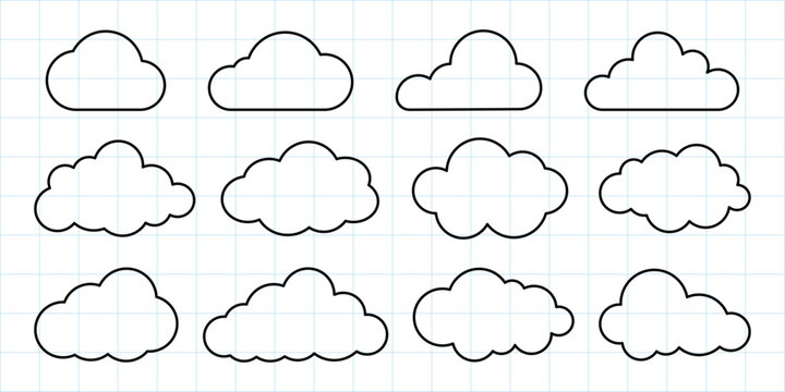 Grid with 12 cloud outlines. Simple cloud shapes, black outlines. Variety of cloud designs on a grid. Cloud patterns, minimalist cloud art. Weather illustration, vector set.