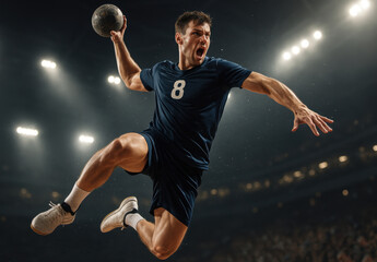 Photorealistic handball player captured mid-air during jump shot with visible tension and sweat under arena lights. Concept of explosive strength, focus, agility, and elite team sports competition.