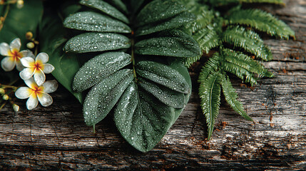 Close up of dew covered green leaves on weathered wood surface