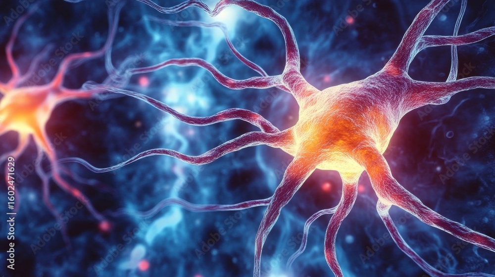 Poster intricate neural network connections depicting brain cell interactions and electrical impulses flow