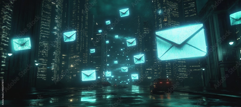 Poster futuristic cyberpunk messaging concept with floating light envelopes and virtual letterboxes