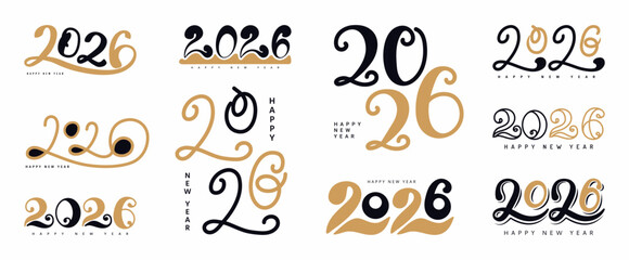 Hand drawn numbers 2026. Happy New Year logo text design. Digit collection template. Holiday calligraphy gold lettering symbols for card banner print. Vector illustration isolated on white background
