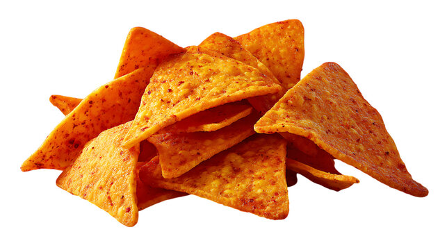 Pile of nacho cheese tortilla chips isolated on transparent background