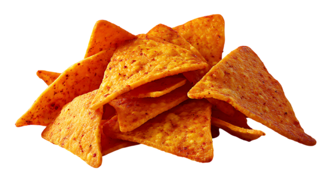 Pile of nacho cheese tortilla chips isolated on transparent background