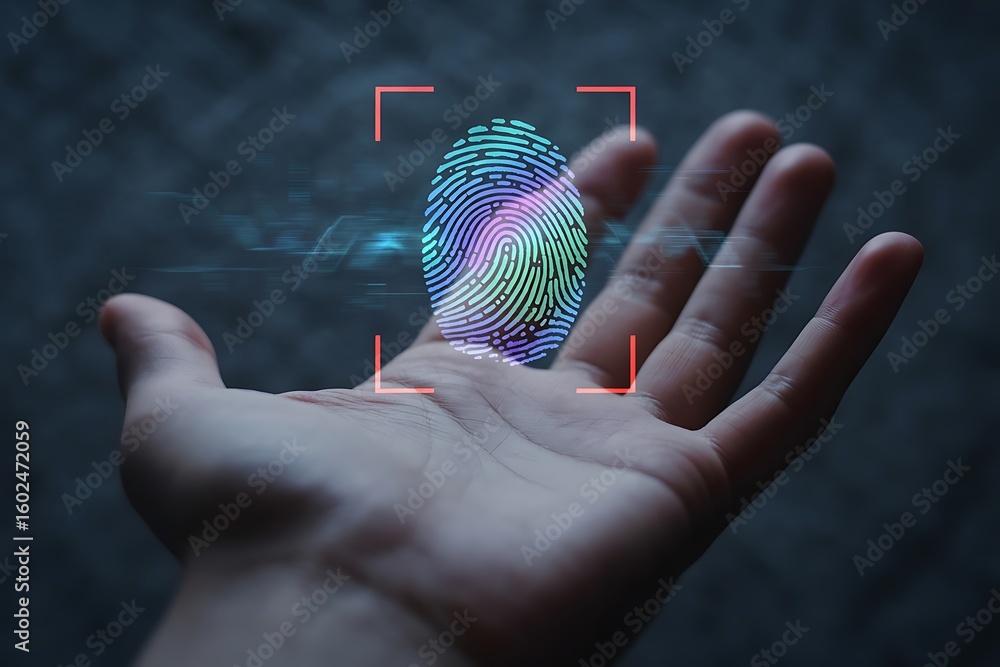 Poster human hand with glowing digital fingerprint scan in red frame technology security