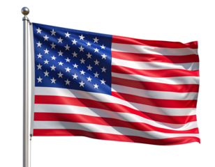 American Flag Waving in the Wind on a Silver Flagpole, Realistic 3D Render, Transparent Background