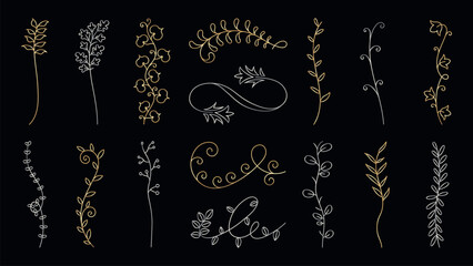 Vector set. Elegant decorative dividers in gold and silver. Swirls and curls in various designs. Perfect for invitations, cards, and elegant decorative projects. Hand drawn ornament vector set.
