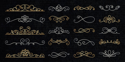 Vector set. Elegant decorative dividers in gold and silver. Swirls and curls in various designs. Perfect for invitations, cards, and elegant decorative projects. Hand drawn ornament vector set.