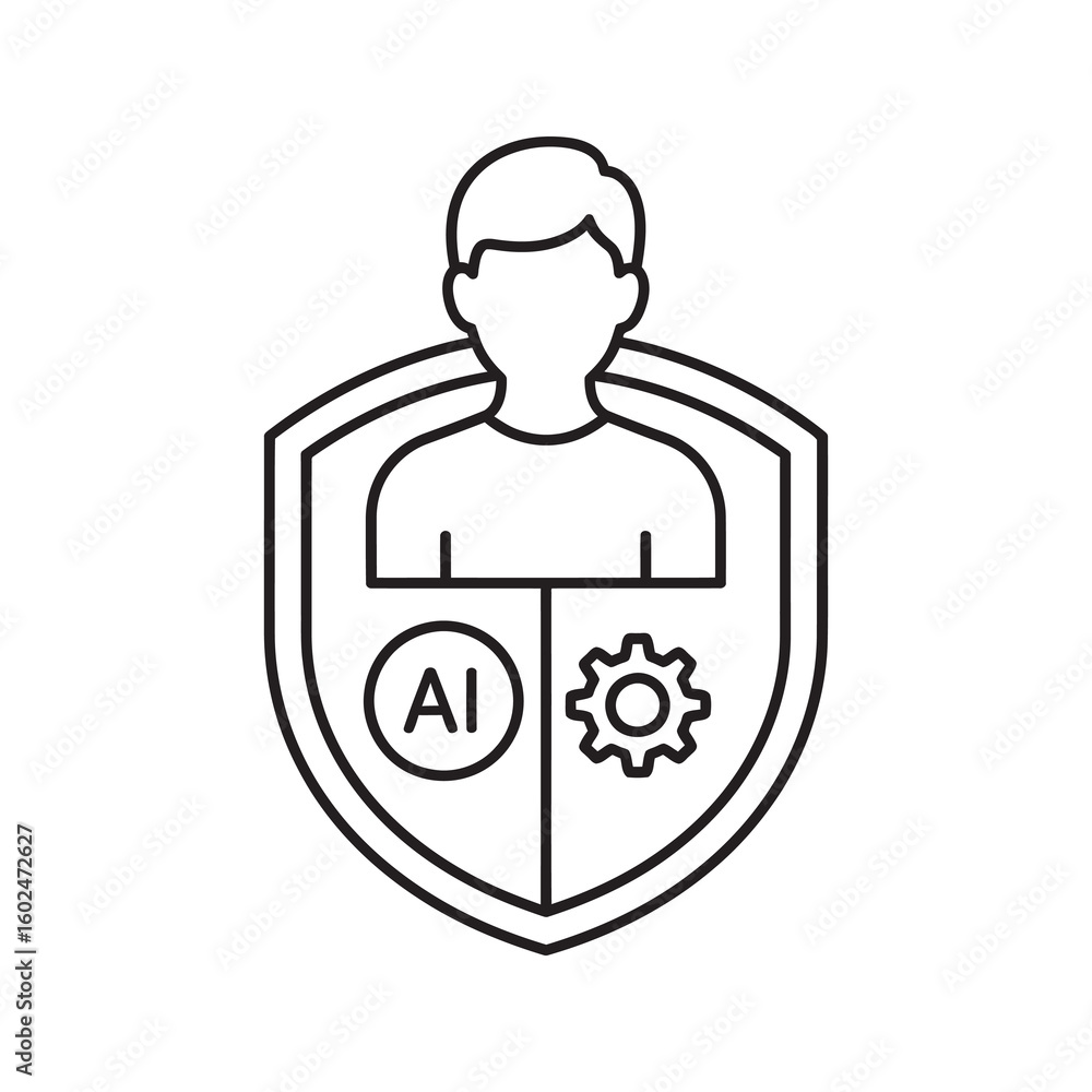Poster ai user protection icon with a person shield and gears for smart security data privacy and personali