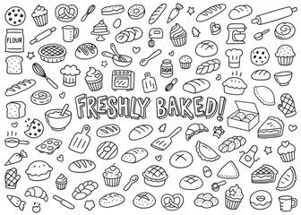 Fresh Bakery doodle icons compilation set.  Vector doodle illustration set for web, t-shirt design, other graphic design use