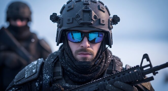 A soldier in tactical gear and sunglasses in snowy winter weather. The concept of military training and special forces.