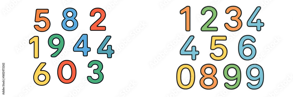 Poster colorful numerical arrangement of digits displayed on a white background illustrating various combin