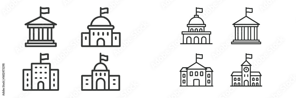 Poster collection of building icons featuring flags and different architectural styles suitable for educati