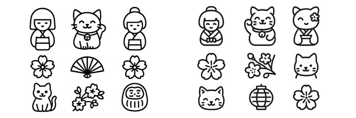 Cute Japanese-style icons featuring cats, flowers, and traditional figures suitable for various designs and decorations