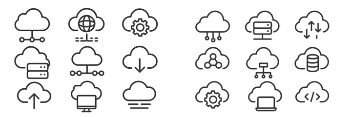 Collection of cloud computing icons representing data transfer, storage, and connectivity in a digital environment