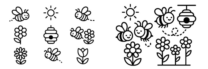Cute bees and flowers illustration depicting nature's harmony and pollination during a sunny day