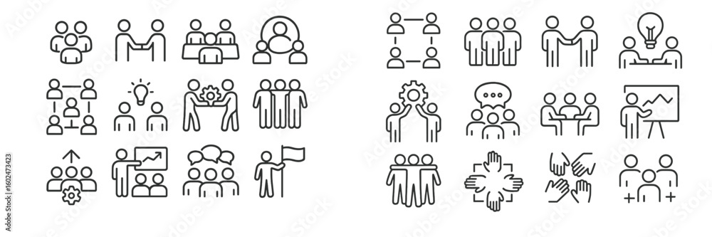 Poster collaborative teamwork icons illustrating various group activities and interactions in a professiona