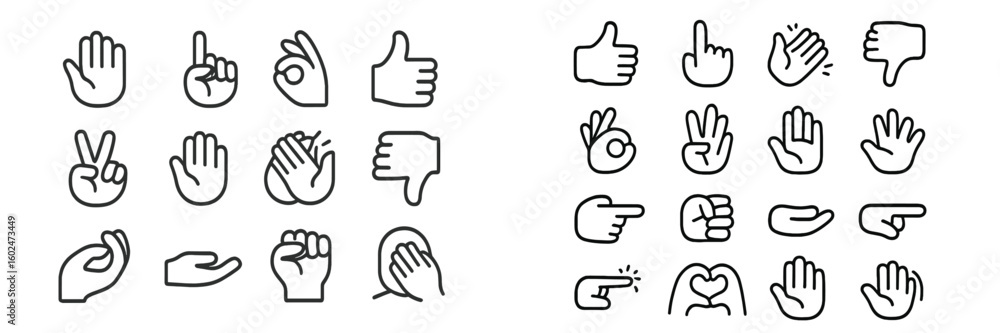 Poster collection of hand gestures displayed in simple line art style showcasing various expressions and em