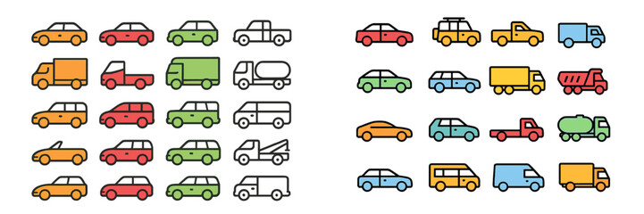 Illustrations of various vehicles displayed in a simple, colorful design on a light background