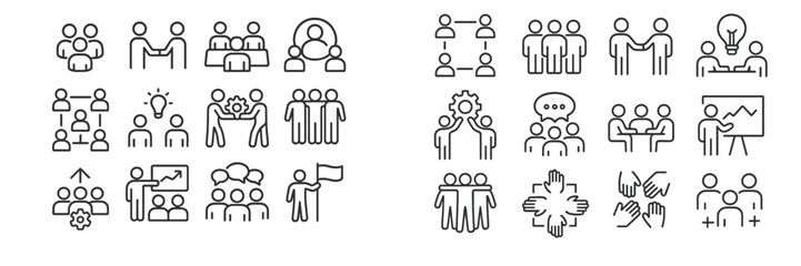Collaborative teamwork icons illustrating various group activities and interactions in a professional setting