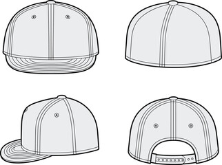 Detailed baseball cap illustration, front, back, side, and bottom view, stylish headwear design, vector apparel mockup, fashion accessory sketch, technical garment drawing